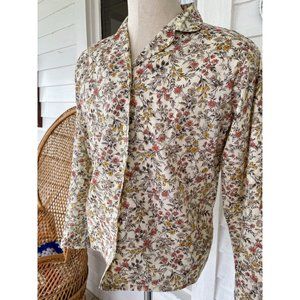 Vintage 1960s Womens Beige Floral Button Blouse Cotton blend Size Large